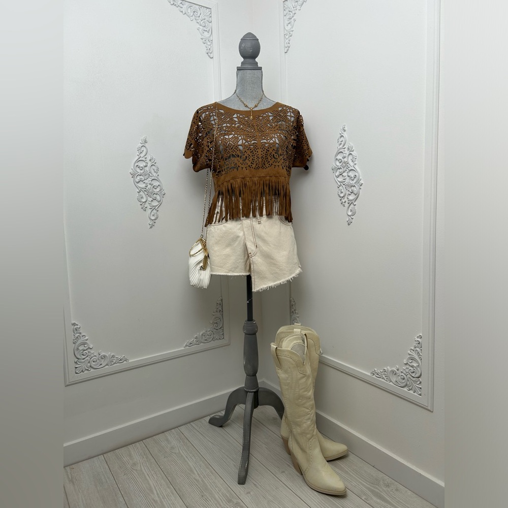 Vintage Western Short Sleeve Cut Out Fringe Top